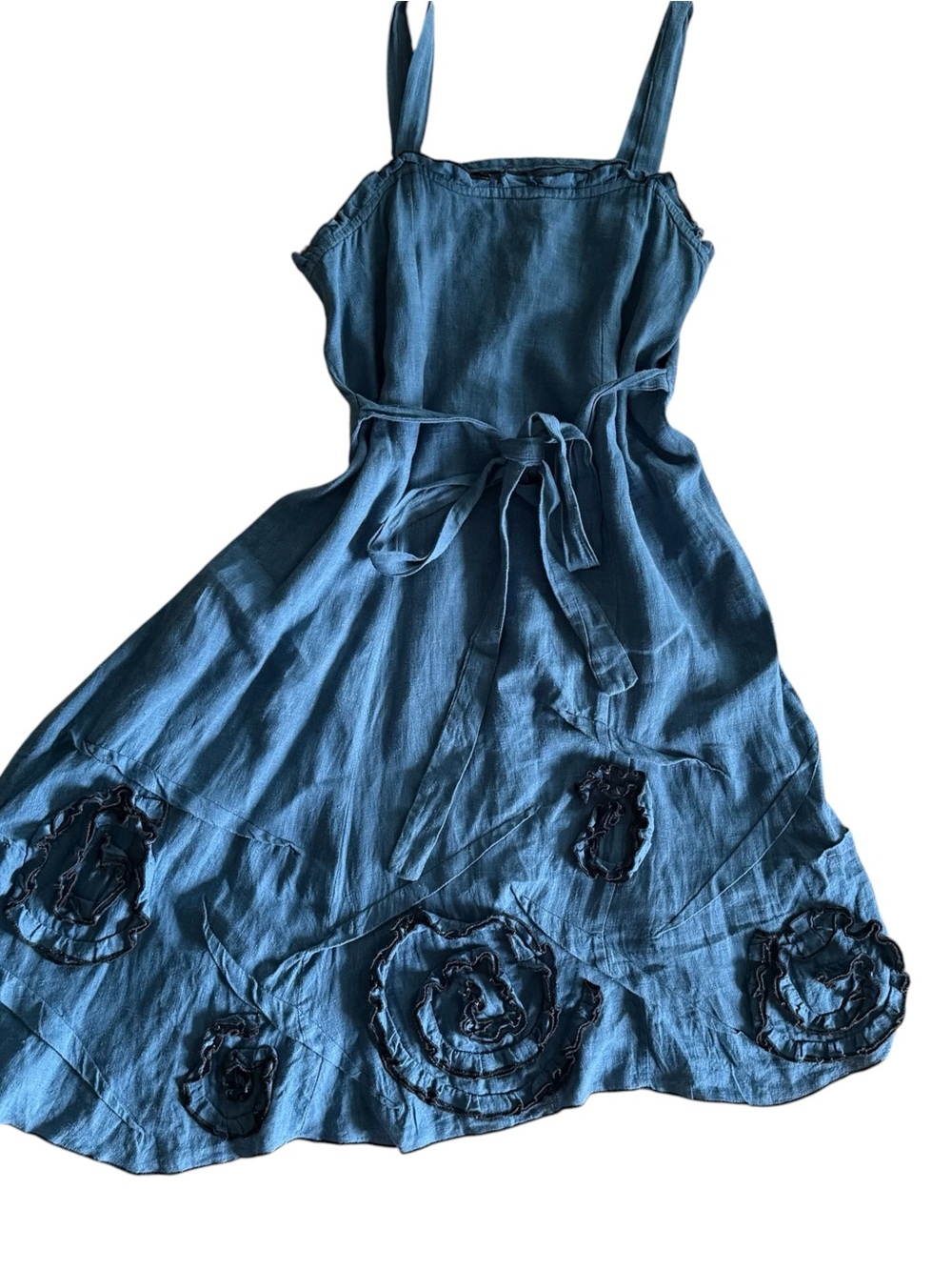 Sarah Clemens Linen Dress 3D Flowers Asymmetrical Size Medium Ruffle Lagenlook